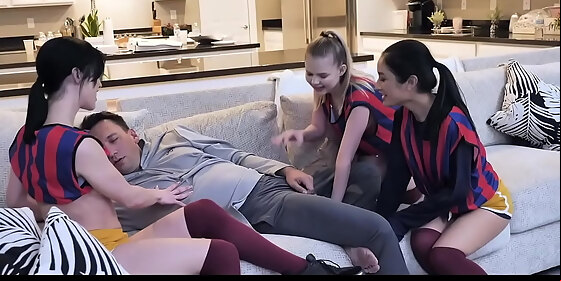 three soccer players wake up their coach with a blowjob